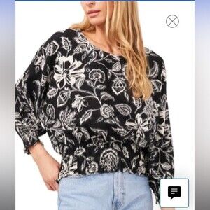 VINCE CAMUTO Women's Floral Dolman Sleeve Peasant Top Medium Boho Semi Sheer